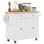 sogesfurniture Rolling Kitchen Island with 2 Drawers and Adjustable Shelves, Kitchen Cart with Rubberwood Countertop, Spice Rack & Towel Holder, Kitchen Island Cart on Wheels, White, BHCA-FZSR-HT01WT