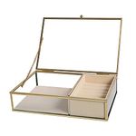 Glass Jewelry Box, Clear Keepsake Case with Gold Metal Frame in Rectangle Shape, with Velvet Tray and Trinket Chest inside, Display Box for Earring Ring, Necklace, Accessories.(Cream Yellow)