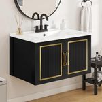 DWVO 30" Bathroom Vanity with Ceramic Sink, Floating Vanity with Cabinet, Wall Mount Modern Bathroom Vanity Includes Countertop, with Soft Closing Doors & Gold Metal Handle, Black