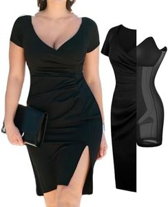 Popilush Womens Shapewear Midi Dress Ruched Bodycon Pencil Dresses Built in Bra Work Wedding Guest Cocktail Black