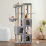 FURRLOVERS Multilevel Fur Fabric Cat Tree - Multiple Condos | Hanging Ball | Cat House | Jute Rope Scratching Posts | for Adult Cats & Kittens (28 x 19 x 66 Inches) (Grey - FURR-89)