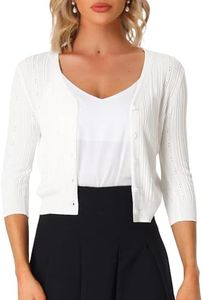 Allegra K Women's V Neck Button Down 3/4 Sleeve Lightweight Solid Knit Cardigan Sweater White Medium