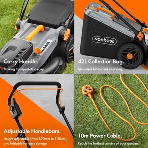 VonHaus 1600W Electric Lawnmower – 42L Bag, 380mm Width, 10m Cord