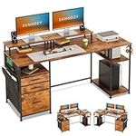 EKNKOZY Computer Desk with 3 File Cabinet Drawers, Reversible Gaming Desk, Office Desk with Storage Shelves and Dual Monitor Stand for Home & Office (Rustic Brown, Classic)