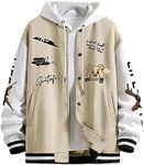 SHENHE Men's Slogan Graphic Button Down Varsity Jacket Baseball Bomber Jackets Khaki M