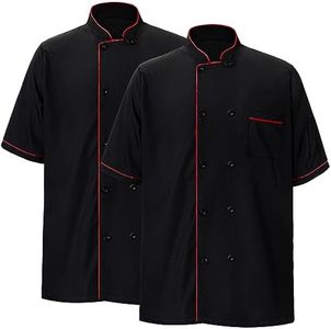 2 Pack Unisex Chef Coat Short Sleeve Chef Jacket Chef Costume for Men Women (Black, Red, XX-Large)