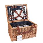 display4top Deluxe 4 Person Traditional Wicker picnic basket Wicker Hamper - Premium Set with Plates, Wine Glasses, Flatware and Napkins (Blue)