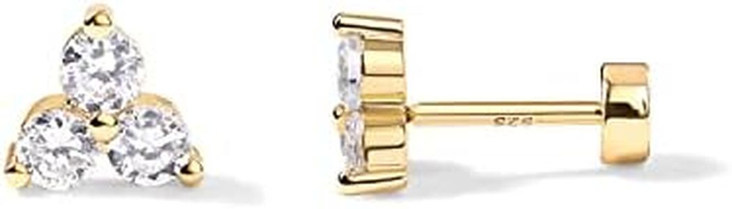 PAVOI 14K Yellow Gold Plated Solid 925 Sterling Silver Post Cubic Zirconia Flat Back Earrings for Women | Trinity CZ Cartilage Earring | Helix Piercing Jewelry | Small Stud Earrings