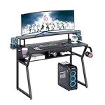 TREETALK Gaming Desk, Computer Desk with Monitor Stand and Open Shelf, PC Laptop Gamer Table Workstation with Cup Holder, Headphone Hook, 2 Speaker Stand for Home Office (Black Carbon Fiber)