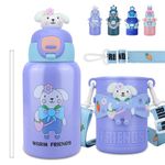 BOCHION Kids Water Bottles with Straw Lid | Insulated Stainless Steel Reusable Flask with Nylon Lanyard for Girls, Boys, Toddlers | Simple Modern | 450ML/15oz BPA Free | Purple