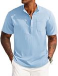 COOFANDY Men Linen and Cotton Henley Casual Summer Beach Shirt Short Sleeve Button Down Wedding Henley T Shirt Light Blue