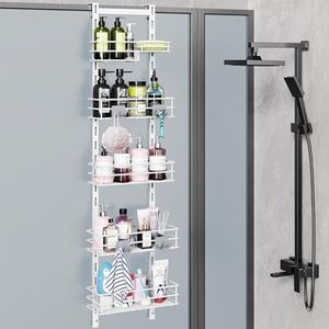 Orimade Over the Door Shower Caddy Adjustable 5 Tier Black,Bathroom Hanging Organizer Shelf Rustproof with 4 Hooks,Shower Basket with Soap Holder and Suction Cup, White