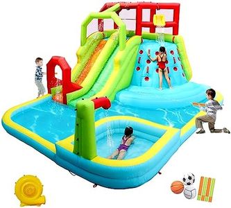 WELLFUNTIME Inflatable Water Slide Park with Splash Pool Climb The Wall, 3 Inflatable Sport Balls and 4 Water Guns, Water Slide with Air Blower