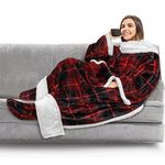 PAVILIA Sherpa Blanket with Sleeves and Foot Pocket Women Men Adults, Fleece Wearable Blanket Sleeved Throw Wrap, Thick Hug Sleep Pod Snuggle Blanket Robe, Cozy Idea Wife Mom, Plaid Red