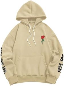 ZAFUL Men's Fleece Hoodie Unisex Rose Letter Print Hooded Pullover Kangaroo Pocket Sweatshirt Khaki XL