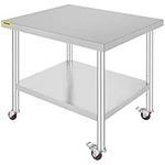 Mophorn 30x36x34 Inch Stainless Steel Work Table 3-Stage Adjustable Shelf with 4 Wheels Heavy Duty Commercial Food Prep Worktable with Brake for Kitchen Prep Work 220 lb Capacity