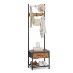 HOMEKOKO Narrow Coat Rack Shoe Bench, Hall Tree for Small Place with Drawer Storage, Shoe Bench with Cubby Storage, Wood Look Accent Furniture with Metal Frame, 3-in-1 Design (Rustic Brown)
