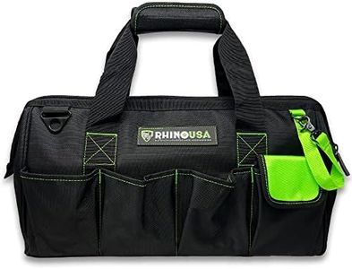 Rhino USA Tool Bag (18-Inch) Heavy Duty Wide Mouth Tool Tote with Zipper for Men - Large Tools Bags with Extra Side Storage Pockets, Reinforced Shoulder Strap & Upgraded Metal Clips (Black)