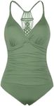 Hilor Women's Shirred Halter One Piece Swimsuits Macrame Back Swimwear Solid Bathing Suit Army Green 16