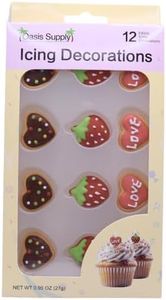 Valentines Cake Decorations - Mother's Day Edible Icing Decorations - Valentine's Day Candy Hearts Topper, Love, Heart, & Strawberry, 12 count