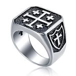 Jerusalem Cross Rings for Men,Mens Stainless Steel Christian Signet Ring,Vintage Silver Catholic Templar Ring in Size 7-15, Metal