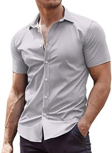 COOFANDY Men's Muscle Fit Dress Shirts Wrinkle-Free Short Sleeve Casual Button Down Shirt Light Grey