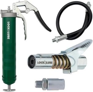 LockNLube Heavy-Duty Pistol Grip Grease Gun. Includes our patented LockNLube® Grease Coupler (Locks On, Stays On, Won't Leak!) plus a high-quality 20" hose and in-line hose swivel