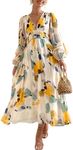 Sissyaki Women's Long Sleeve Boho Dress V Neck Maxi Dress Wedding Guest Casual Long Dress Z#Print-Yellow Large