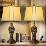 28.5'' Tall Farmhouse Vintage Table Lamp Set of 2 with Faux Silk Shade USB Ports Nightlight Decor for Bedside Living Room Bedroom Nightstands Office Home, Dark Bronze(LED Bulbs Included)