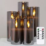 Yeelida Real Glass Silver Grey LED Flameless Pillar Candles,2.2"x5",5",6",7",8" Battery Opeated Flickering Set of 5 Wax Remote Timer Candles(Powered by AA Batteries)