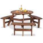 Giantex 6 Person Wooden Picnic Table Set with Wood Bench, with Umbrella Hold Design, Perfect for Outdoor Garden Yard Pub Beer Dining, Dark Brown