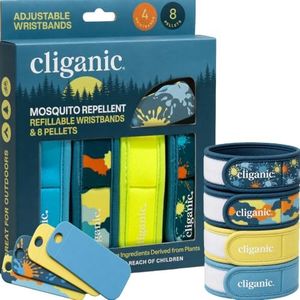Cliganic Mosquito Repellent Pack (4 Wristbands + 8 Refill Pellets) - Adjustable, Natural DEET-Free, Essential Oil Infused