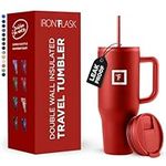 IRON °FLASK Co-Pilot Insulated Mug w/Straw & Flip Cap Lids - Cup Holder Bottle for Hot, Cold Drink - Leak-Proof- Water, Coffee Portable Travel Tumbler - Fire Red, 40 Oz