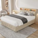 BTM Upholstered Bed 135 * 200cm, 4FT6 Double Bed, Double Bed with 4 Storage Drawers & Bedside Pocket, Linen Upholstered Bed Frame with LED Headboard, Beige Double LED Bed, No Mattress