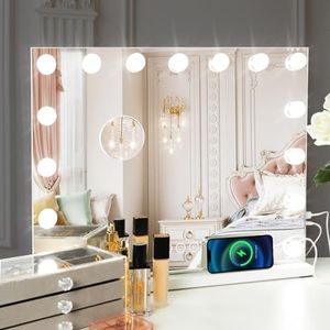 USOR Vanity Mirror with Lights, Large Hollywood Makeup Mirror with 15 LED Bulbs Dimmable Type-C USB Charge Lighted Mirror Beauty Tabletop Wall-Mounted Mirror 3 Colors Lighting 10x Magnification SAA