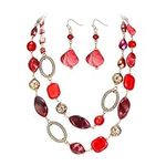 Flyonce 2 Layered Statement Collar Necklace with Earrings Set, Boho Vintage Handmade Beaded Strand Bib Necklaces Hook Earrings Costume Bohemian Jewelry Set for Women Red