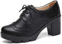 DADAWEN Women's Classic T-Strap Platform Mid-Heel Square Toe Oxfords Dress Shoes Black US Size 7.5