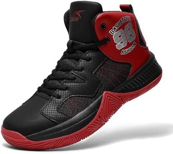 ASHION Kids Basketball Shoes Boys Gilrs Sneakers Mid-Top Lace Up Cushion Anti Slip Athletic Outdoor Sport Shoes for Unisex-Child Black Red Size 5 Big Kid