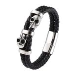 Anvy Lunda Double Row Skull Mens Bracelet, 316L Stainless Steel Cuff Bracelets for Men, Skeleton Braided Leather Punk Gothic Wristband Jewelry, 8.54inch, Braided Leather, stainless steel skull