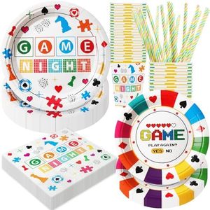 BOIKOKY Game Night Birthday Party Decorations, 120Pcs Game Night Party Themed Party Supplies Disposable and Playful Tableware Includes Paper Plates, Napkins, Cups and Straws | Serves 24