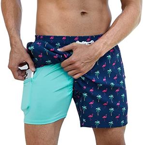 Arcweg Mens Swimming Trunks 2 in 1 with Boxer Liner 5.5" Quick Dry Swimwear Bathing Suit Swim Shorts with Zipper Pockets, Coconut Flamingo, Medium