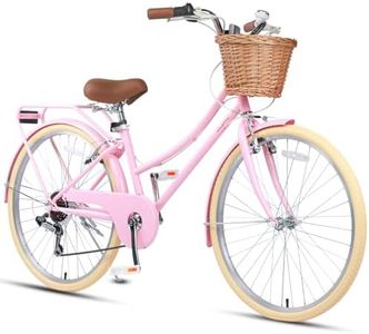 Glerc 26 Inch Beach Cruiser Bike, 6-Speed Hybrid City Bicycle for Girls Youth and Over 6 Years Old, Missy Bike with Wicker Basket & Lightweight, Pink