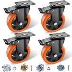 ASRINIEY Casters, 5" Caster Wheels, Orange Polyurethane Castors, Top Plate Swivel Wheels, Casters Set of 4, Locking Casters for Furniture and Workbench, Heavy Duty Casters, 4 Pack Casters with Brake