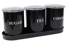 Gzsekken Tea Coffee Sugar Canisters Set of 3,Metal Food Storage Tin Airtight Sealed,Kitchen Canisters with Tray,Farmhouse Kitchen Storage Tins for Countertop Décor with Clear Lid Retro Design - Black