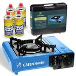 GREEN HAVEN Blue Portable Camping Stove with Cary Case & 4 Butane Gas | Premium Camping Gas Stove |EN417 Compliant Camping Stove Gas Portable | Gas Camping Stove with Automatic Ignition & Heat Control