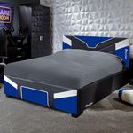 X ROCKER Cerberus MKII Ottoman Gas Lift Upholstered Platform Bed Frame with Storage, Ottoman Gaming Bed with Hydraulic Lifting Under Bed Storage for Kids Juniors Gamers, Double 4ft6 - BLUE BLACK WHITE