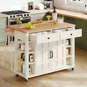 YITAHOME Kitchen Island with Drop Leaf, Mobile Storage Island with Power Outlet, Americana Rolling Kitchen Carts with Storage Shelves and Drawers, Island Table on Wheels for Dining Room, White