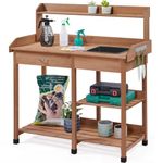 Yaheetech Garden Potting Table, Wood Potting Bench Removable Sink Drawer Planting Germination Workstation w/Open Shelves & Side Hooks for Patio, Balcony, Yard & Lawn, Brown