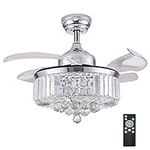 DuMaiWay 48" Chandelier Ceiling Fan with Lights, Fandelier, Retractable Crystal Ceiling Fan Chandelier with Remote Control LED Light for Bedroom Living Room Polished Chrome Silver 6 Speed 3 Light