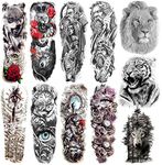 COKTAK 11 Sheets Cool Full Arm Temporary Tattoos For Men Body Sleeve Fake Military Warrior Tattoo Stickers Rose Beast Wolf Lion Tiger Eye Totem Extra Large Tatoos Women Leg Half Armband Animal Adults